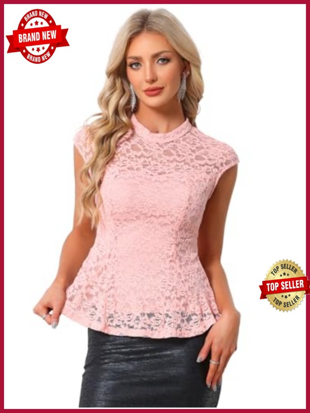 Women's Peplum Tops Cocktail Dressy Mock Neck Cap Sleeve Crochet Floral Lace